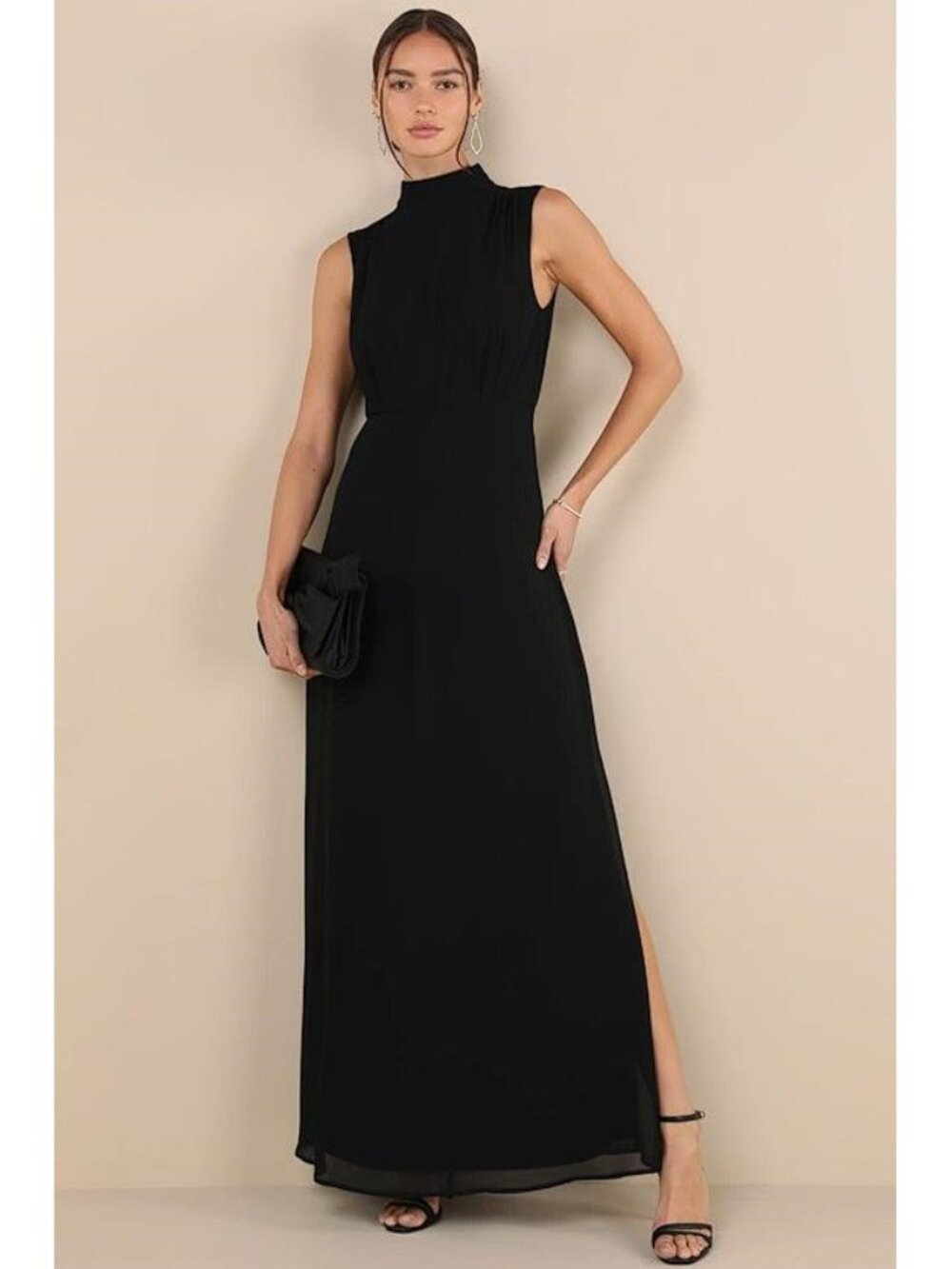 LULUS Wmn's Classic Elegance Black Chiffon Sleeveless Mock Neck Maxi Dress Sz XL